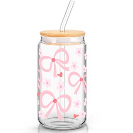 Hoolerry Coquette Flower Bow Aesthetic Cup, 16 oz Dainty Pink Glass Cup with Lid and Straw, Vintage Bows Coquette Inspired Aesthetic Drinking Jar for Women Valentine's Day Birthday Gift