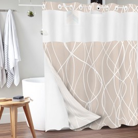 Tititex No Hooks Snap in Liner Abstract Curve Lines Cream White Shower Curtain, Hotel Luxury Double Layers Without Hooks Waterproof Fabric & See-Through Top Window Bathroom 71x71 Inch