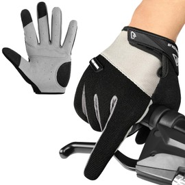 BUTBU Cycling Gloves, Full Finger Riding Gloves for Men Women, Anti-slip Touchscreen Mountain Bike Gloves, MTB Gloves with Padding for Cycling Biking Driving Road Racing (Size L, Gray)