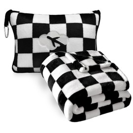 Travel Blanket and Pillow Compact, Premium Soft 2 in 1 Airplane Blanket with Soft Bag Pillowcase，Hand Luggage Sleeve and Backpack Clip (Checkered Black)