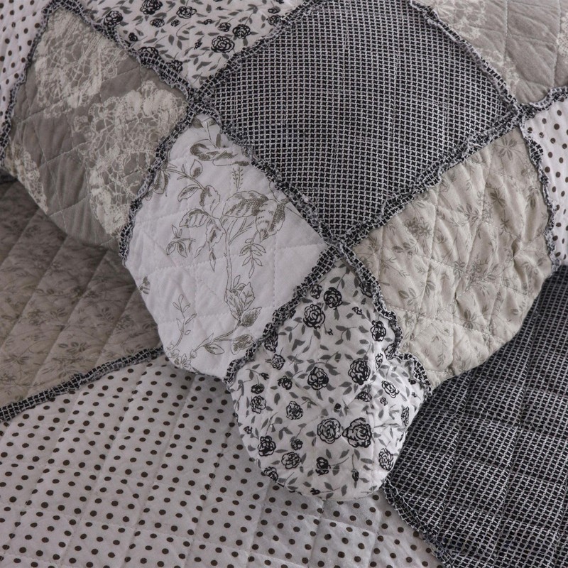 ABREEZE Grey Rose Floral Patchwork Quilts Cotton Queen Size Quilted