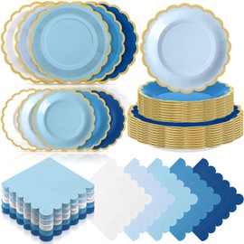 Zhehao 150 Pcs Blue Plates and Napkins Tableware Serves 50 Includes 9 Inch 7 Inch Blue Scalloped Edges Paper Plate and Napkins for Wedding Birthday Baby Shower Party