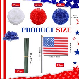 Thiccywoov 100 Pcs Memorial Day Patriotic Flower Included 90 Red Blue White Artificial Silk Marigold 10 American Flags and 100 Flower Stem Fake Marigold for Veterans Day Independence Day