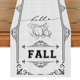 Hello Fall Table Runner,13x36Inch Long Linen Pumpkins Decorations Autumn Thanksgiving Farmhouse Centerpieces Seasonal Harvest Vintage Table Mats Kitchen Dining Indoor Outdoor Home Party Tabletop Decor