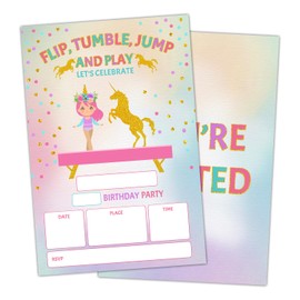 Gymnastics Unicorn Birthday Party Invite Card for Kid, Gold Foil Birthday Invitation for Girls, Set of 20 Cards and 20 Envelopes, Flip Tumble Jump Play Celebration Party Supplies for Teen - 26