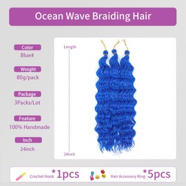 24 Inch Ocean Wave Crochet Hair, 3 Packs, Deep Wave Braiding Hair Curl, Crochet Synthetic Braids, Hair Extension for Women (Blue#, 24 Inches, 3 Packs)