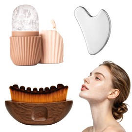 3-in-1 Facial Massager Set, Walnut Face Brush, Stainless Steel Gua Sha Tool & Silicone Ice Mold, Face Sculpting Brush Kit for Puffiness, Jawline, Glowing Skin Gift