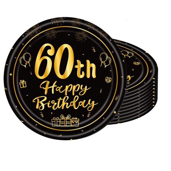 POPOYU 16pcs Black and Gold Paper Plates 60th, Happy Birthday Disposable Tableware Paper Plates 7 Inch,Happy 60th Birthday Decorations Plates for Men,Women,Him,Her 60th Birthday Gifts Party Supplies