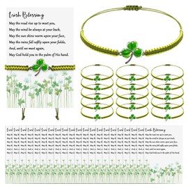Ferreve 50 Sets Lucky Shamrock Gifts Clover Bracelets with Greeting Cards Employee Appreciation Good Luck Gifts Green String Rope Adjustable Bracelets Irish Party Favors for Women Men