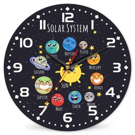 Clock for Living Room, Cartoon Solar System Wall Clock Vintage Wooden Wall Clock Silent Non-Ticking Battery Operated Arabic Numerals Wall Clocks Decorative for Kitchen, Office, Classroom 10 Inch