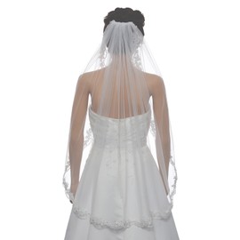 SAMKY 1T 1 Tier Flower Scallop Embroided Lace Pearl Veil - White Fingertip Length 36" V466