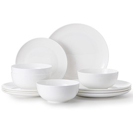 KINGSTONE Bone China Dinnerware Sets, 12-Piece Dinnerware Set for 4, Lightweight Durable, Dishwasher Safe, Tableware for Daily Use with Elegant Design, White