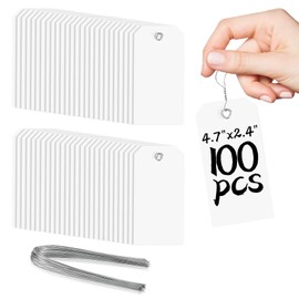 100 Pcs White Tags with String Attached Marking Tags #5 Blank Shipping Label Tags Large White Plastic Tags with Reinforced Hole for Price Machines Parts Luggage Garage Inventory (4 3/4" x 2 3/8")