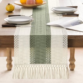 ZeeMart Macrame Style Bicolor Stitching Table Runner, 14 x 60 Inch Green/Ivory, Boho Sage Green Table Runners 60 Inches Long, Farmhouse Woven Home Decor