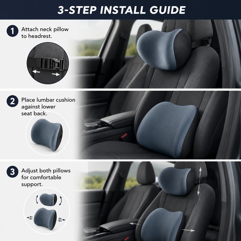 Memory Foam Car Lumbar & Neck Support Pillow Set for