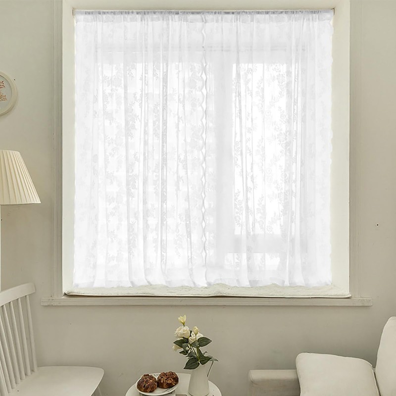 AIMALL 1pcs Elegant White Lace Curtain, Punch-Free, Rod-Wearing Design, Ideal