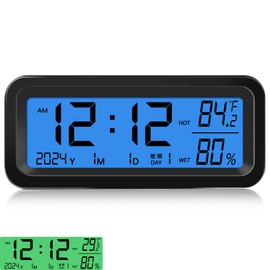 Timloon Car Dashboard Clock with Automatic Backlight at Night(Green & Blue), Temperature and Humidity Monitor, 12/24 Hour Format Time, Calendar, Solar Power and Type C Cable Charging for Car Truck