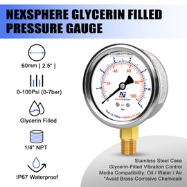 NexSphere 100 PSI Liquid Filled Pressure Gauge, 1/4 NPT Lower Mount, 2.5" Dial, 304 Stainless Steel Case, Glycerin Filled Plumbing Pressure Gauge, for Home Air/Oil/Water Pressure Test
