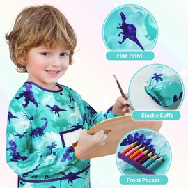 WERNNSAI Kids Art Smock, Dinosaur Toddler Art Smock for Boy, Art Essentials Kids Painting Apron, Personalize Toddler Painting Smocks Waterproof Apron with Long Sleeve and 3 Pockets