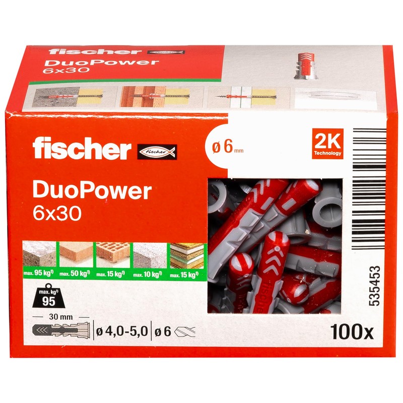 fischer DuoPower 6 x 30, Powerful Universal Plug with Intelligent