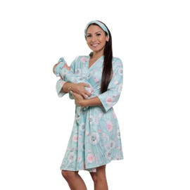 MOMMY O CLOCK Mommy Robe for Maternity and Baby Swaddle Blanket, Milk Silk Matching Delivery Robe and Swaddling Wrap for Mom and Baby (Pink Aqua Rose, L/XL (12-24))