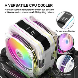 ALSEYE M120D Plus CPU Cooler with Temperature Display, Dual ARGB & PWM Fans, 6 Copper Heat Pipes - Compatible with Intel LGA1700/1200/115X/2011/2066/1366 and AMD AM4/AM5 - Easy Installation - White