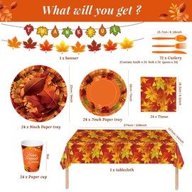Sertokm Thanksgiving Party Plates and Napkins Set – 170PCS Fall Party Supplies with Tablecloth Set for 24 Guests, Cups, Cutlery, Banner for Fall Harvest Dinner, Friendsgiving