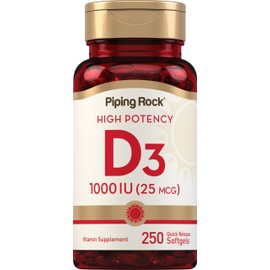 Piping Rock Vitamin D3 1000IU | High Potency (25 mcg) | 250 Softgels | Non-GMO, Gluten Free Supplement
