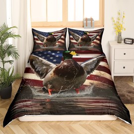 Homewish Hunting Wild Duck Duvet Cover King Size,Vintage American Flag Bedding Set 3Pcs,Nature Animals Comforter Cover for Boys Teens Men Home Decor,Rustic Farmhouse Style Quilt Cover,2 Pillowcases