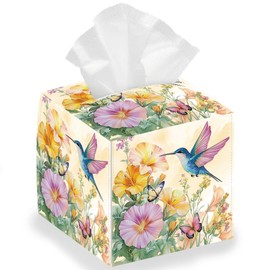 DELORIGIN Flowers Tissue Box Holder, Hummingbird Square Tissue Box Cover Foldable Tissue Storage Box Waterproof Paper Towel Case Container Organizer Tissue Box Holder for Bedroom Office Bathroom Car