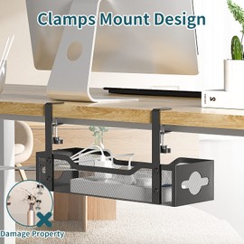 Under Desk Cable Management Tray No Drill, Metal Mesh Cable Management Under Desk with Clamp Mount, 2 Hole Cable Tray with Wire Management and Cord Organizer for Home Office Standing Desk