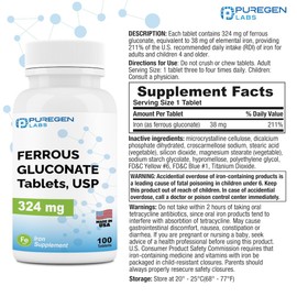 Puregen Labs Ferrous Gluconate 324 mg [High Potency] Iron Supplement, Gentle on Stomach | 3 Pack - 300 Tablets Total