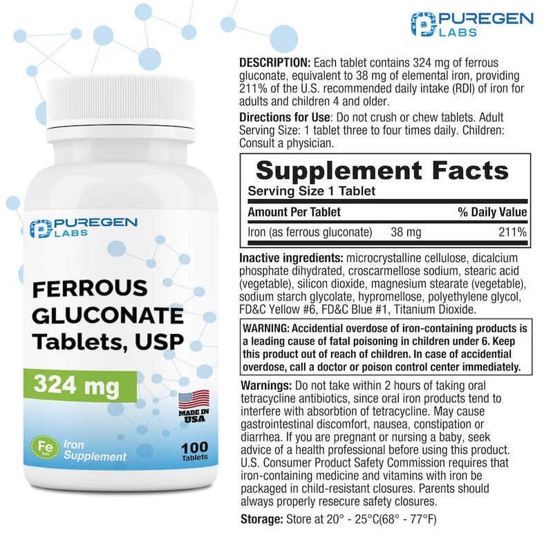 Puregen Labs Ferrous Gluconate 324 mg [High Potency] Iron Supplement,
