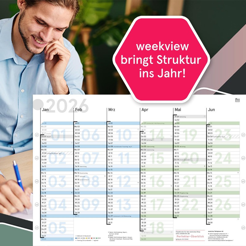 weekview Blackboard Calendar KW-Optimised DIN A4 "Colour", Board Planner with