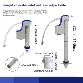 Nereusfwater Toilet Fill Valve Kit, 1/2 Inch Inlet with 7/8 Inch Adapter, Adjustable Water Height & Quiet Refill Design, Includes Filter Screen and Refill Tube, Universal WC Tank Repair Part