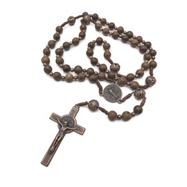 Nazareth Store Sacred St Benedict Wood beads Rosary Solid Wooden Beaded Necklace & Metal Glory Beads Catholic Cross Crucifix