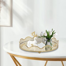 Mirrored Tray, Metal Decorative Gold Mirror Tray, Centerpieces Perfume Holder Decorative Organizer Curve Storage Makeup Bathroom Tray Home Vanity for Dresser Coffee Bathroom Living Room
