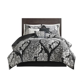 Madison Park Vienna Sateen Cotton Comforter Set, Breathable, Soft Cover, Trendy, All Season Down Alternative Cozy Bedding with Matching Shams, Queen, Black 7 Piece