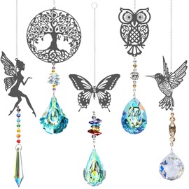 Suncatcher Crystal Wind Chimes, Pack of 5 Tree Owls Hummingbird Butterfly Fairy Pendant, Rainbow Crystal, Window Decoration, Hanging for Home, Office, Garden, Outdoor Decoration