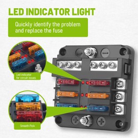 Chelhead 6 Way Car Fuse Holder Blade Fuse with LED Indicator, Car Fuse Box 12 Volt for Automobiles, Waterproof, with Negative Buses, Suitable for Cars, Trucks 12V/24V