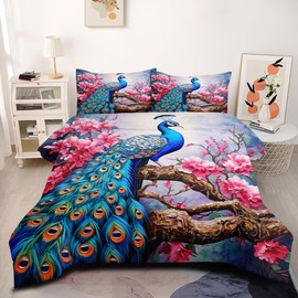 Sedefen Peacock King Size Comforter Set Bird Comforter Pink Floral Bedding Comforter Sets Animal Beatuiful Feather Bedding Set 3Pcs Soft Down Alternative Comforter