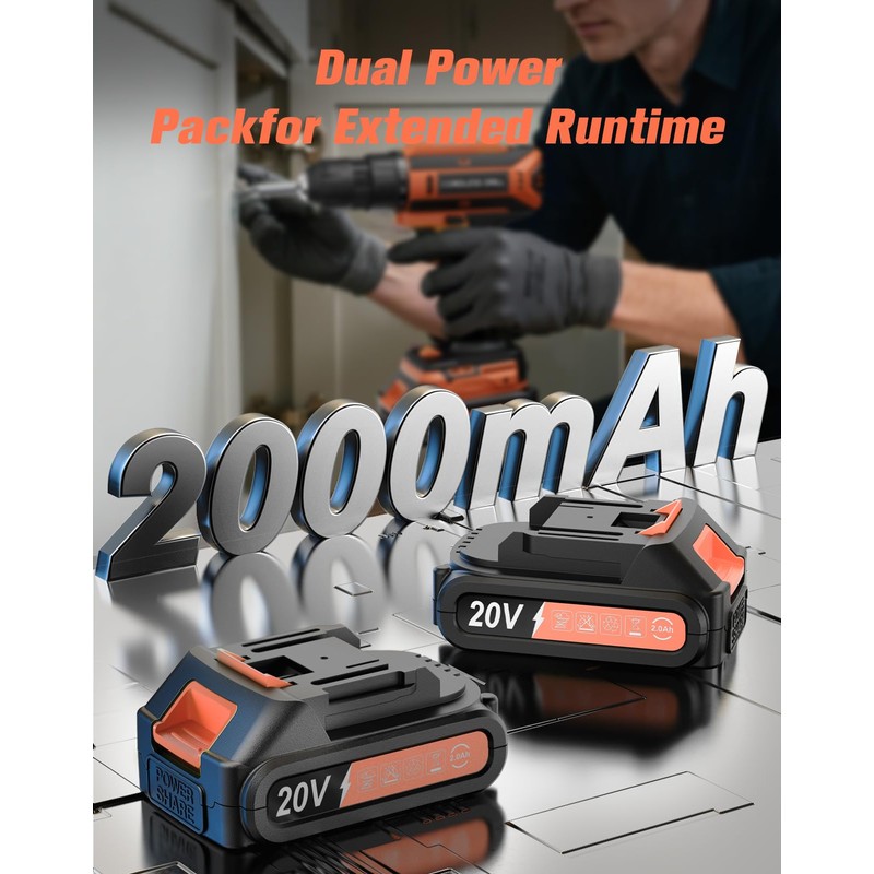 Cordless Drill, 20V MAX Power Drill Set with 2 Batteries