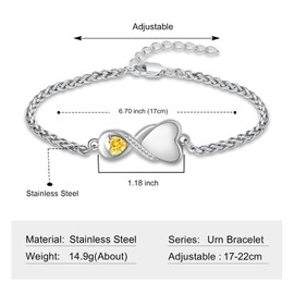QGJNSGC Infinity Urn Bracelet for Women Men Heart Birthstone Cremation Jewelry for Ashes Link Bracelet Keepsake Memorial Urn Lockets for Human Ashes Urn Bangle Bracelet Jewellery (Yellow)