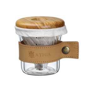 ATHIA Glass Pour Over Coffee Dripper Set, Glass Cone Dripper, Reusable Cloth Filter, Leather Cup Sleeve, Minimal Single Cup SET, for outdoor, office or at home (Olive Wood)