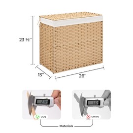 StorageWorks 130L Wicker Laundry Hamper with Lid, 2 Section Wicker Laundry Basket, Large Laundry Basket for Dirty Clothes, Laundry Hamper with Washable Linen Liner, Handwoven Clothes Hamper