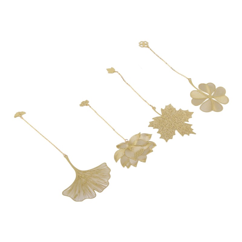 4pcs Metal Bookmarks with Chain Four Patterns Hollow Thin Golden