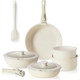 DUMOS 12Pcs Nonstick Kitchen Cookware Set Beige Pot and Pan Set with Detachable Handle
