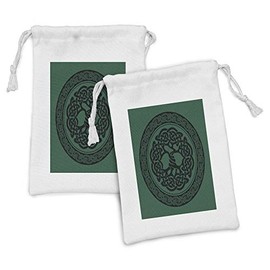 Ambesonne Celtic Fabric Pouch Set of 2, Monochrome Tree of Life Illustration Timeless European Motif, Small Drawstring Bag for Toiletries Masks and Favors, 9" x 6", Forest Green Black