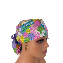 Ponytail Medical Scrub Cap. – Easter Eggs/Glitters.- Turn Up Ponytail Scrub Hats, Dr. Hats, Nurses Hats. Scrub Hat for Women & Men tie Back | Working Cap with Holder