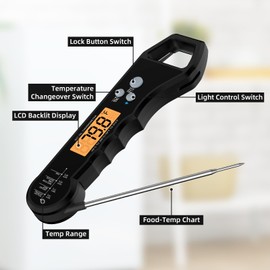 Instant Read Meat Thermometer Digital Waterproof with Backlight and Calibration Digital for Kitchen Outdoor Grilling and BBQ (Black)